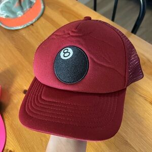 Stussy burgundy Red Trucker Hat with 8 Ball Patch